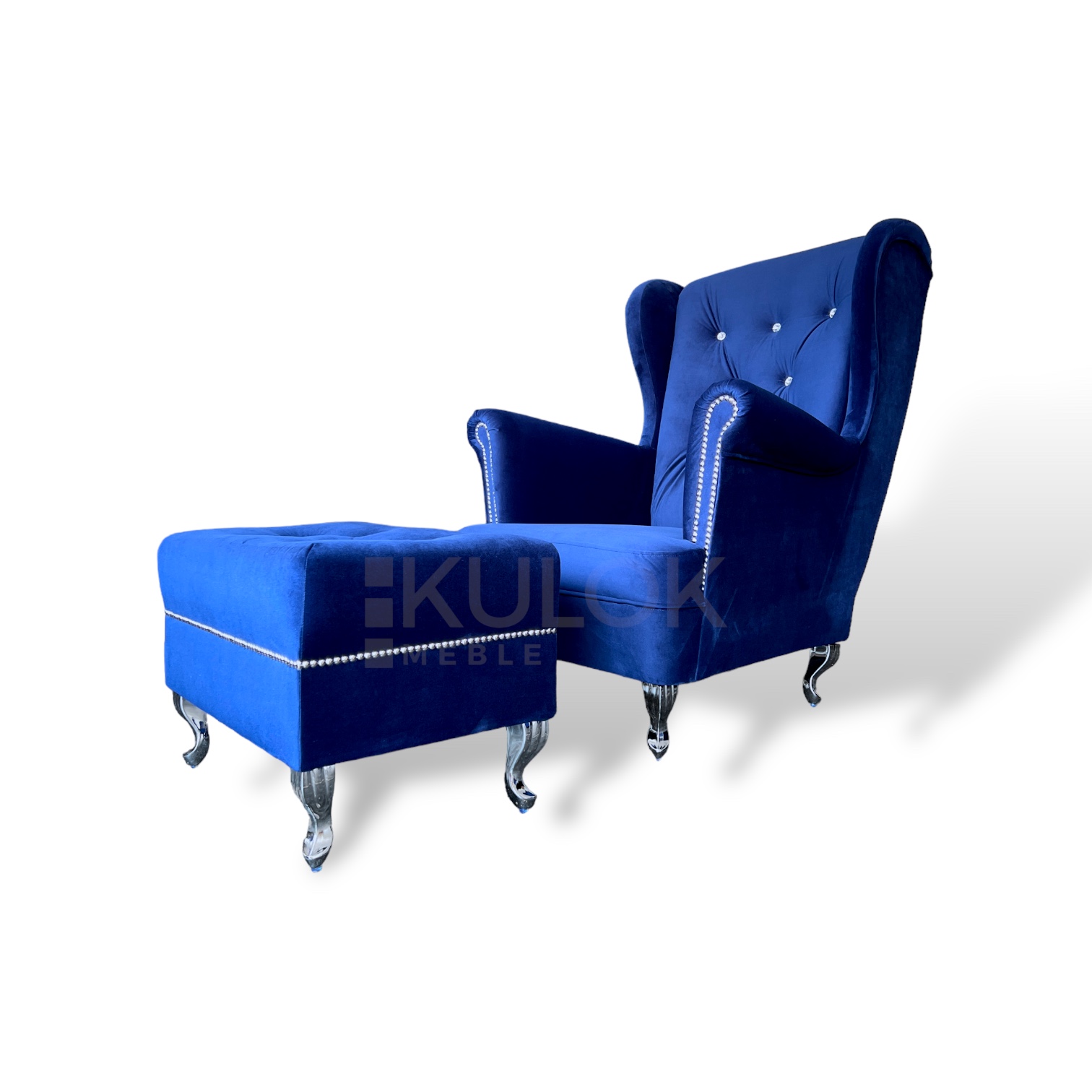 Zestaw do salonu fotel z podnóżkiem chabrowy granatowy z kryształkami